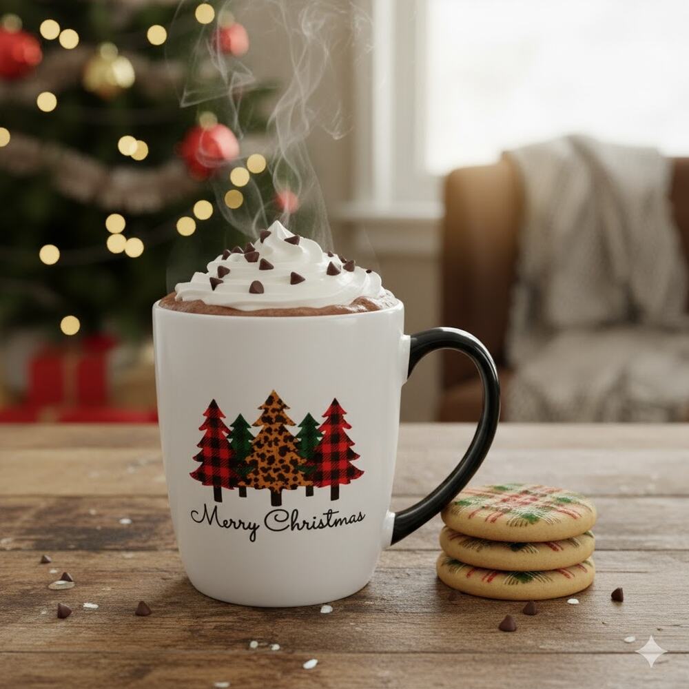 🌲 Plaid Christmas Tree Mug Black Handle Farmhouse Cozy Holiday Decor 🎅